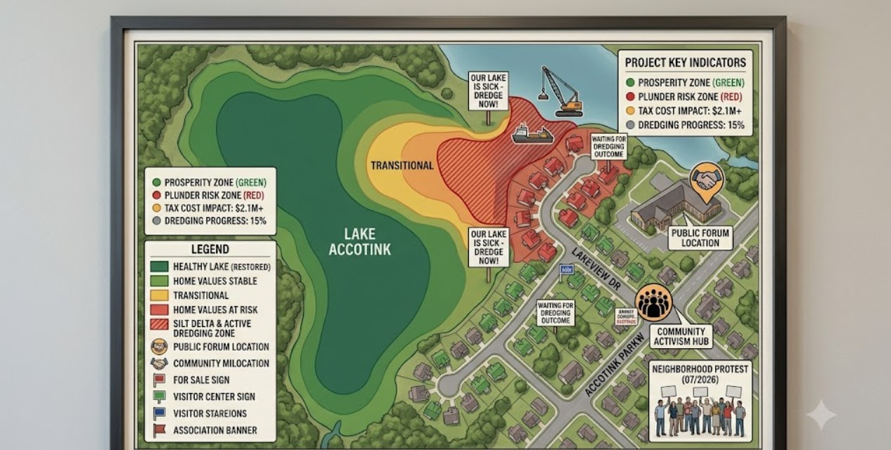 Lake Accotink and the surrounding parkland in Springfield, Virginia, bordered by the Braddock District neighbourhoods that use it