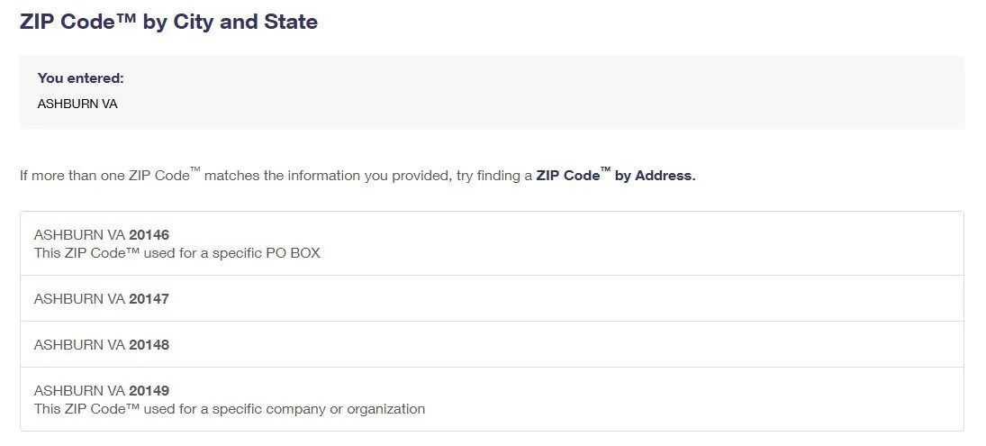 USPS ZIP Code lookup results for Ashburn, VA showing ZIP codes 20146, 20147, 20148 and 20149