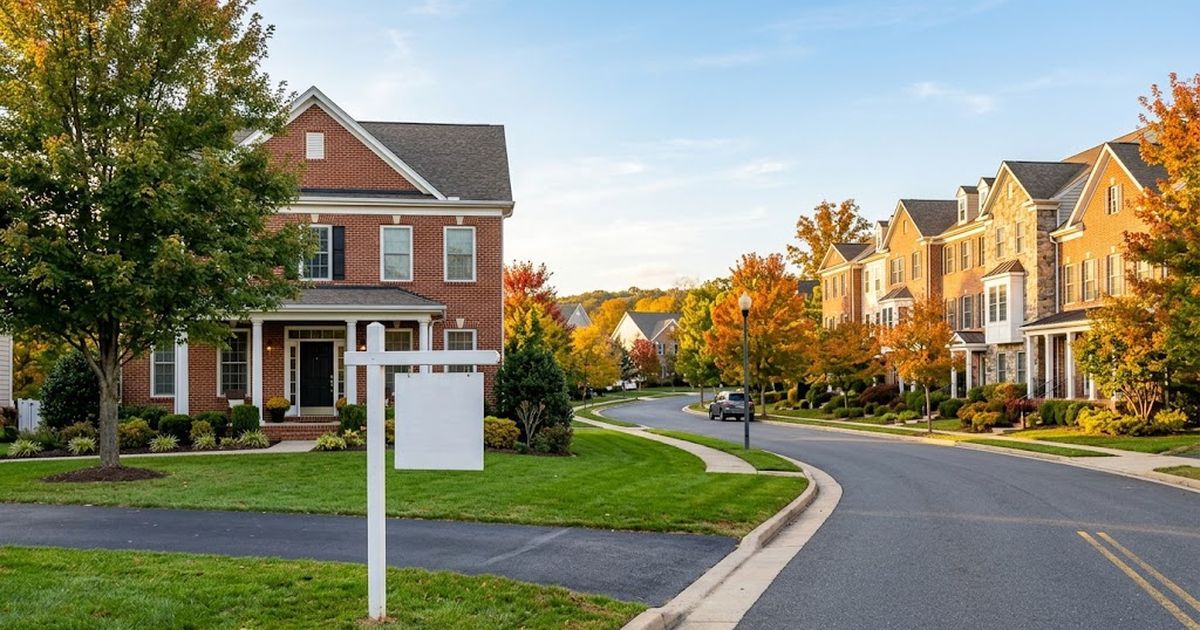 Illustration of a Northern Virginia suburban street in autumn with a brick colonial home, a blank yard sign and a row of townhomes, for a guide to the 2026 housing market reset