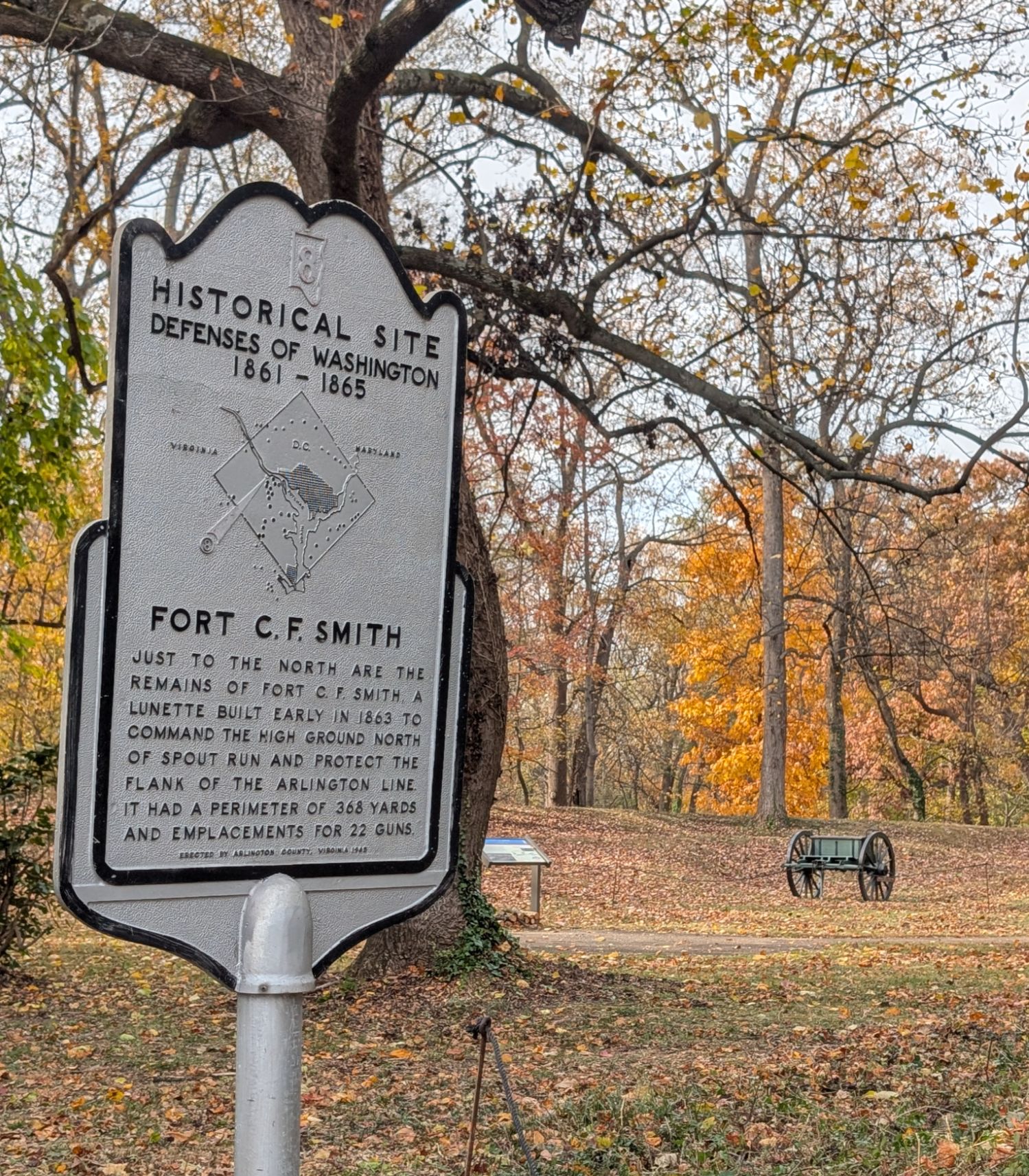 Civil War artillery limber beside the Fort C.F. Smith historic marker in Arlington&rsquo;s Woodmont neighborhood.