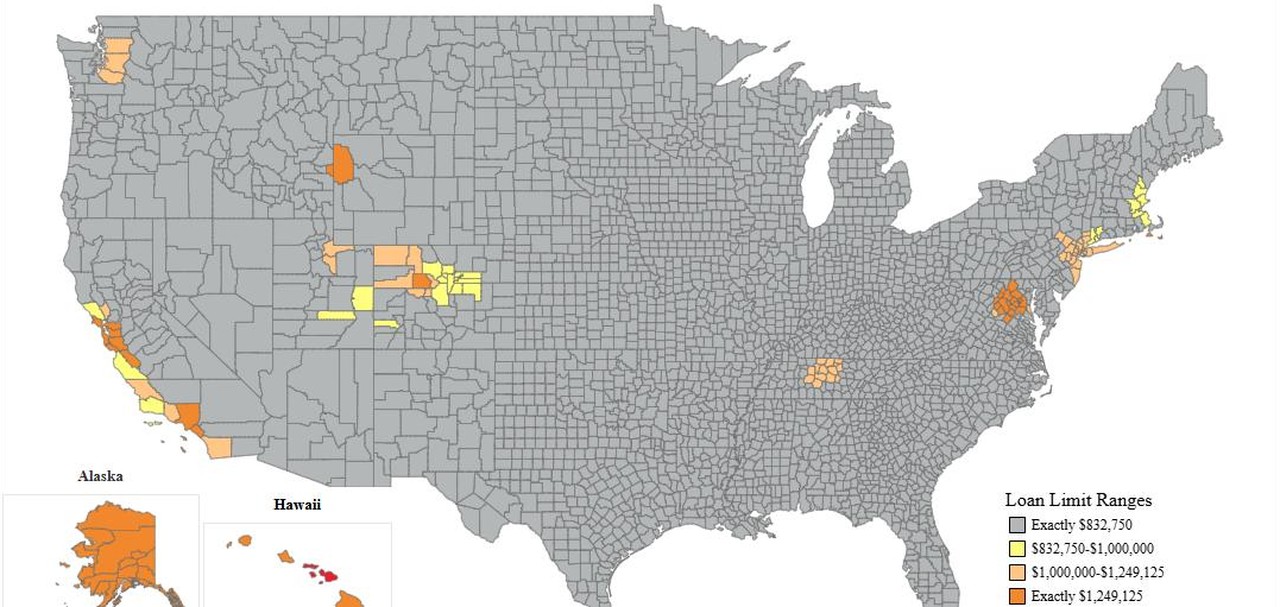Screenshot of the FHFA 2026 conforming loan limit map of the United States, with the Washington DC metro area shaded at the highest limit of $1,249,125