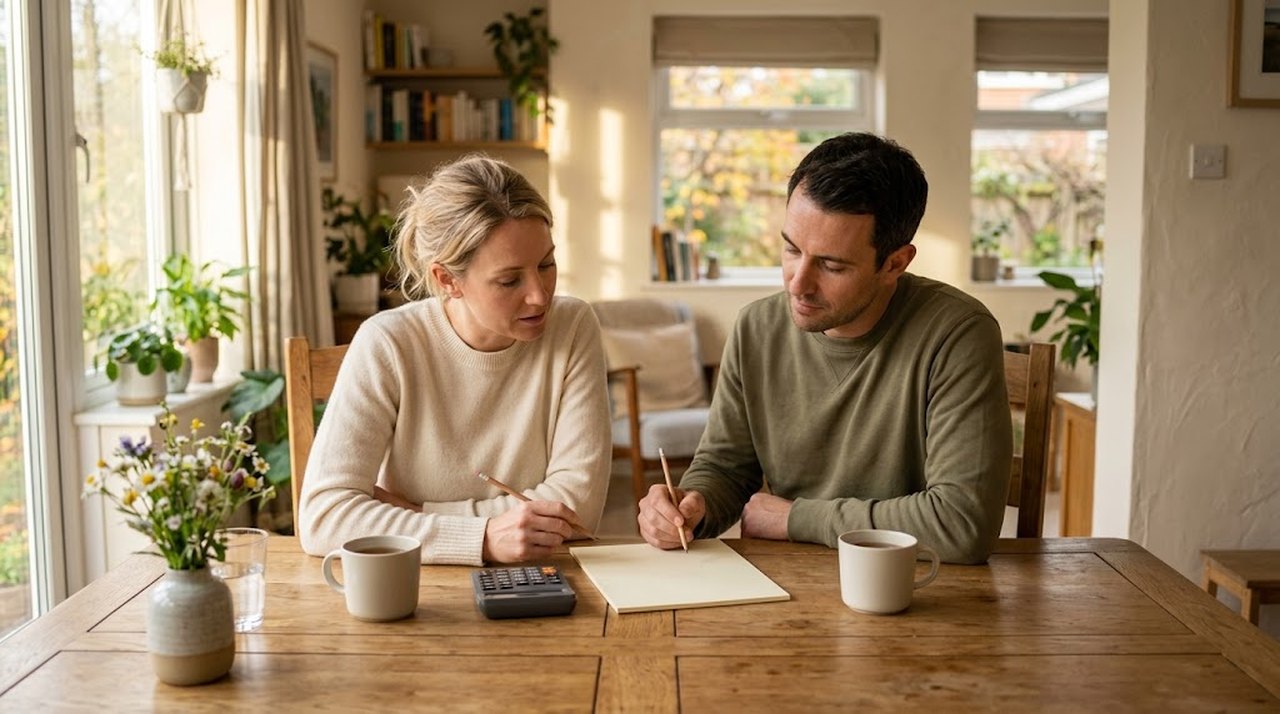 A couple reviewing their monthly mortgage payment breakdown with a calculator at a dining table