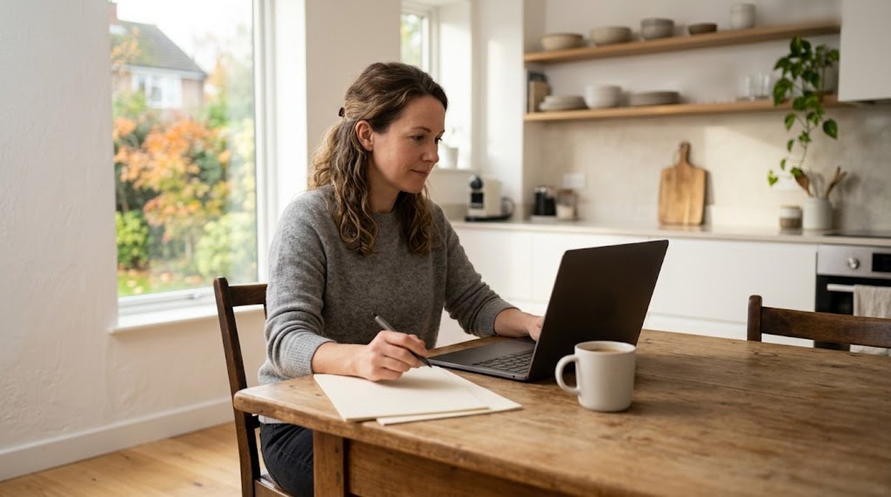 A homeowner at a kitchen table reviewing a mortgage statement next to a laptop