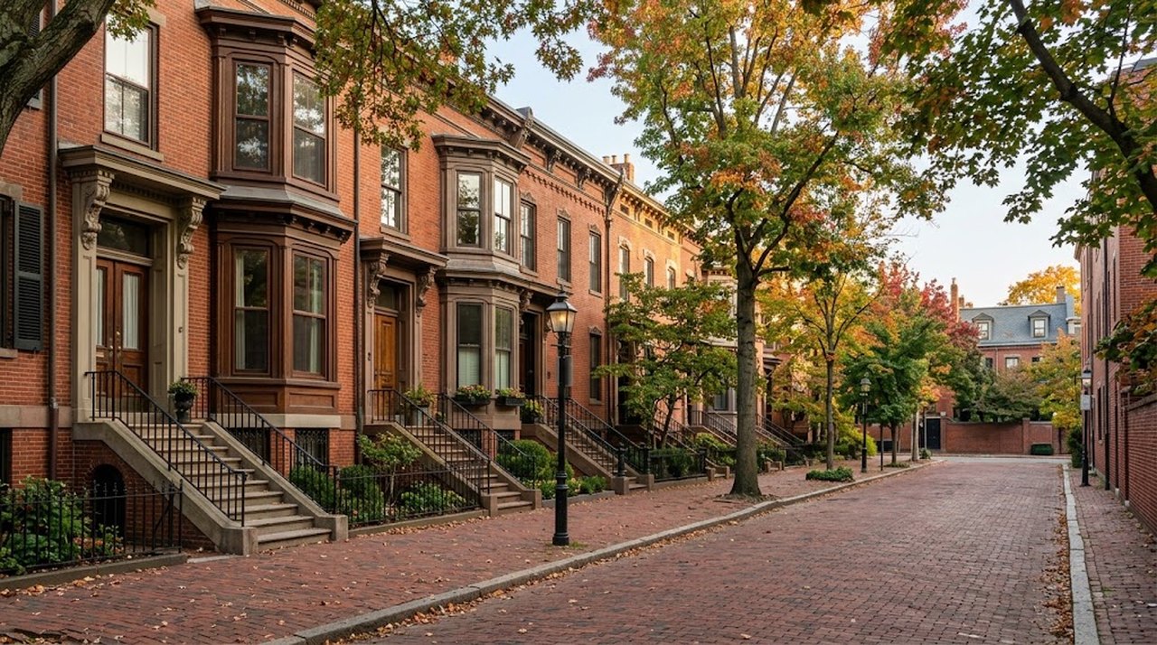A tree-lined street of brick rowhouses with front stoops in early autumn