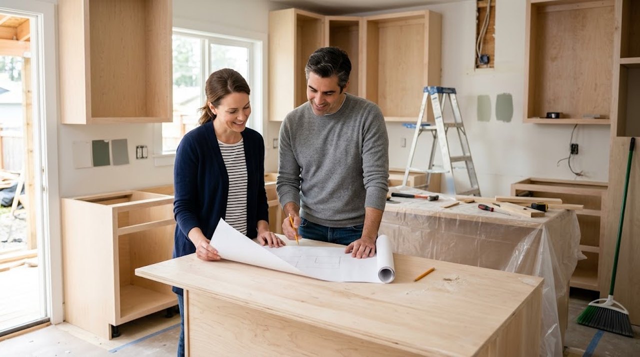 A couple looking over renovation plans in the kitchen of their home