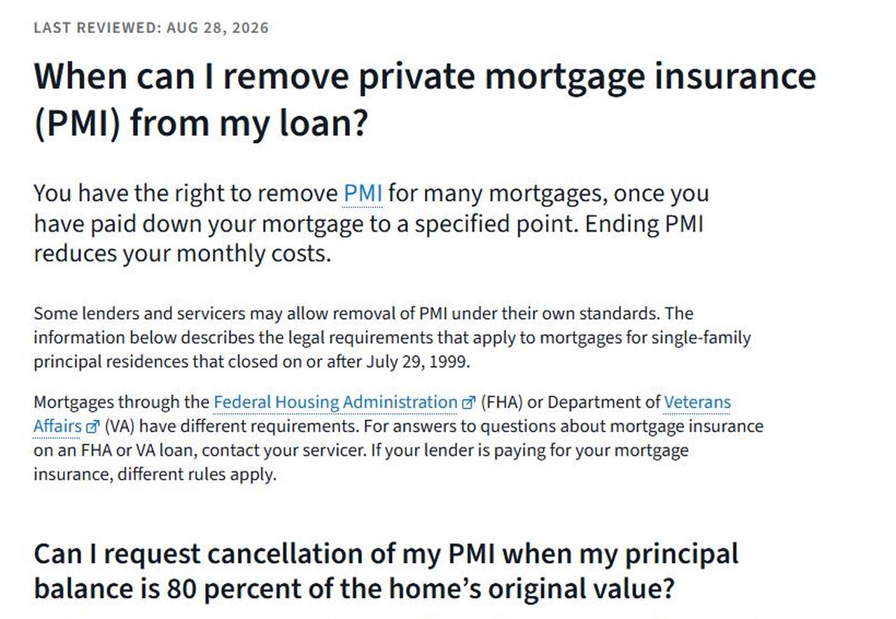 Screenshot of the Consumer Financial Protection Bureau page titled When can I remove private mortgage insurance (PMI) from my loan