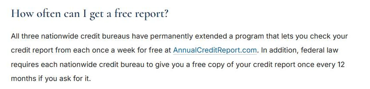Screenshot of the Federal Trade Commission Free Credit Reports page stating that all three nationwide credit bureaus let you check your credit report once a week for free at AnnualCreditReport.com