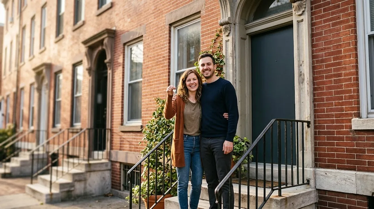 A smiling couple holding up house keys on the front steps of a brick rowhouse