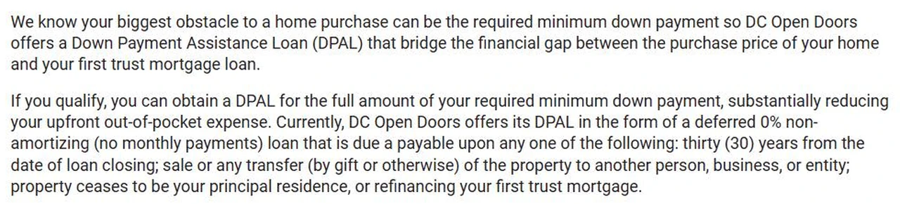 Screenshot of the DC Housing Finance Agency website describing the DC Open Doors Down Payment Assistance Loan as a deferred 0 percent loan with no monthly payments