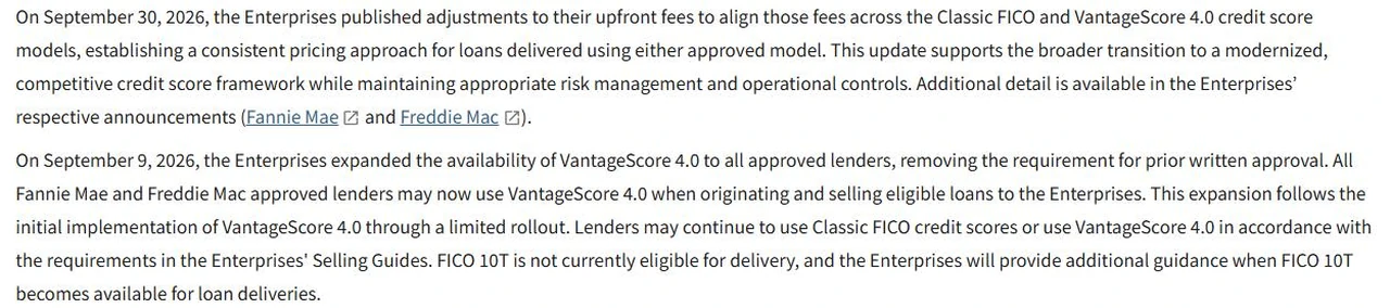 Screenshot of the Federal Housing Finance Agency credit scores page stating that on September 9, 2026 the Enterprises expanded VantageScore 4.0 to all approved lenders