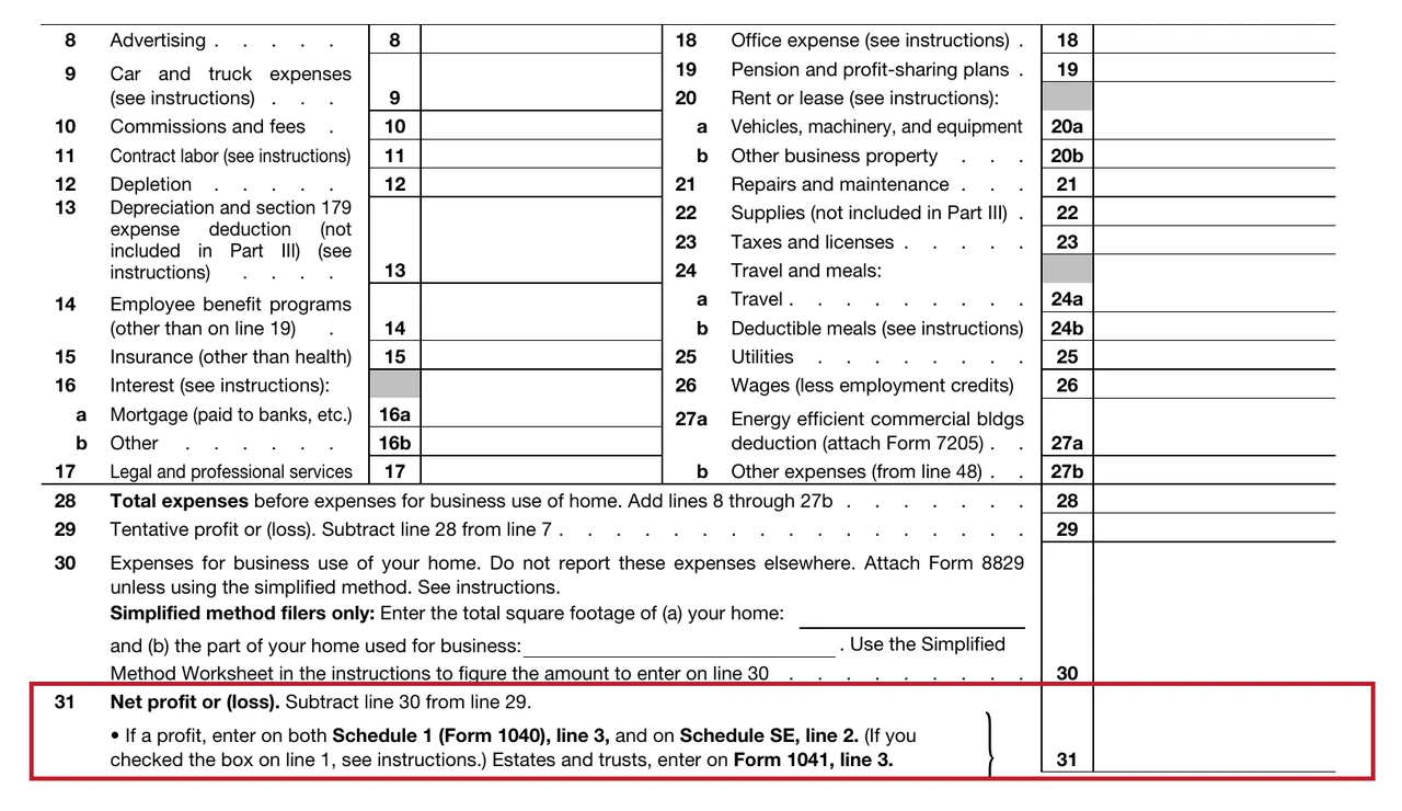 Screenshot of IRS Schedule C lines 28 to 31, ending with line 31, net profit or loss