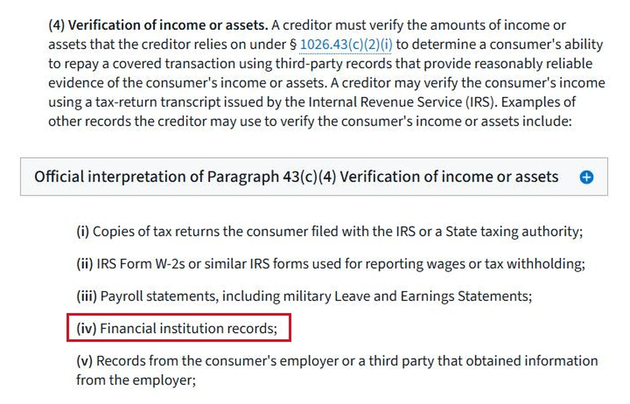 Screenshot of Regulation Z section 1026.43(c)(4), verification of income or assets, listing the records a creditor may use, including financial institution records