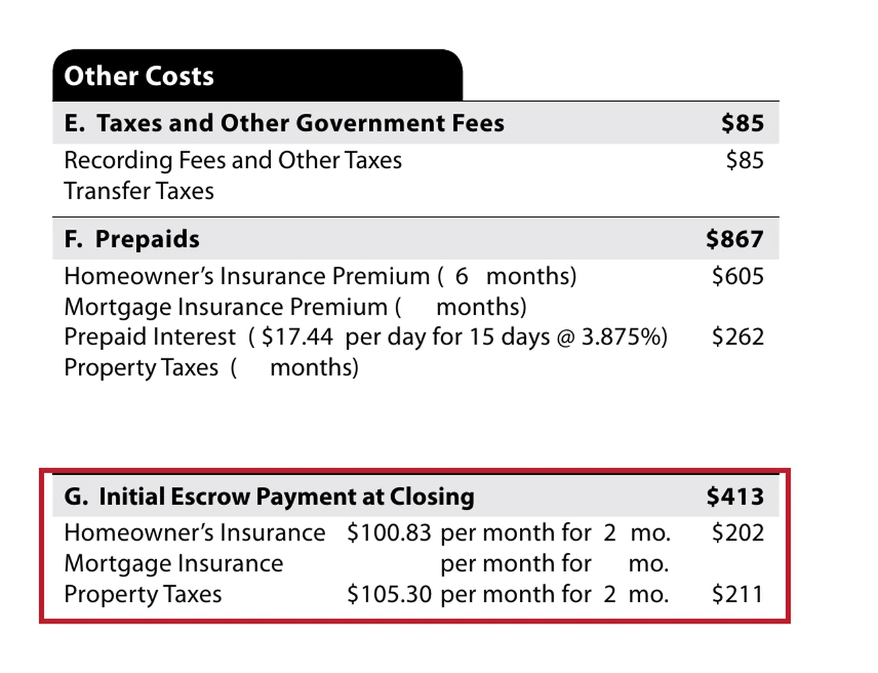 Screenshot of page 2 of the CFPB sample Loan Estimate showing section F Prepaids and section G Initial Escrow Payment at Closing, with section G outlined
