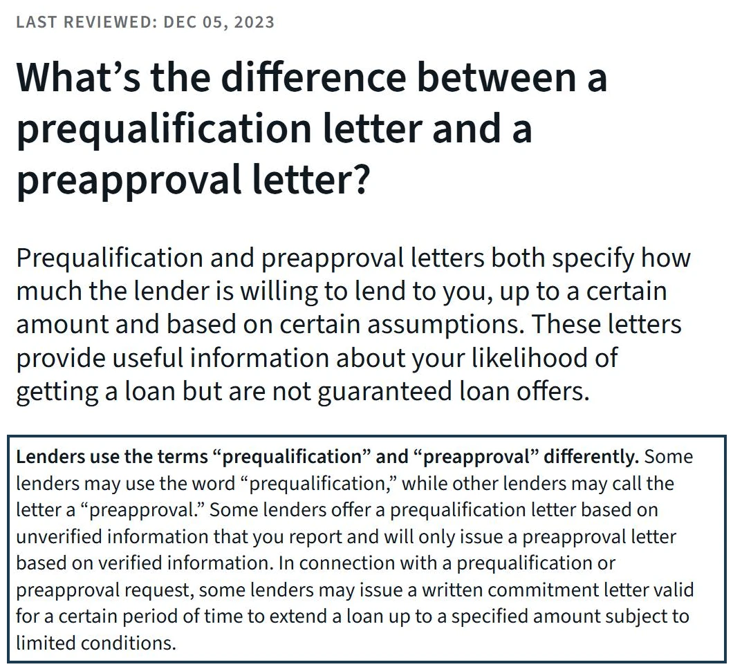 Screenshot of the CFPB answer to what is the difference between a prequalification letter and a preapproval letter, with the paragraph on how lenders use the terms differently outlined