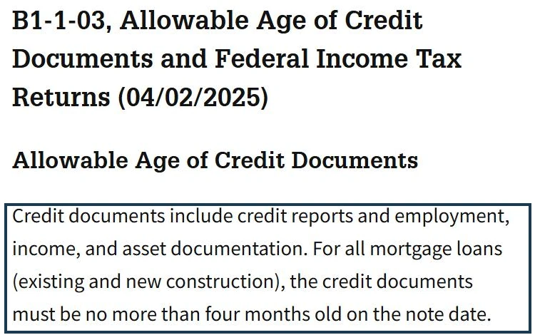 Screenshot of Fannie Mae Selling Guide section B1-1-03 stating that credit documents must be no more than four months old on the note date, with that paragraph outlined