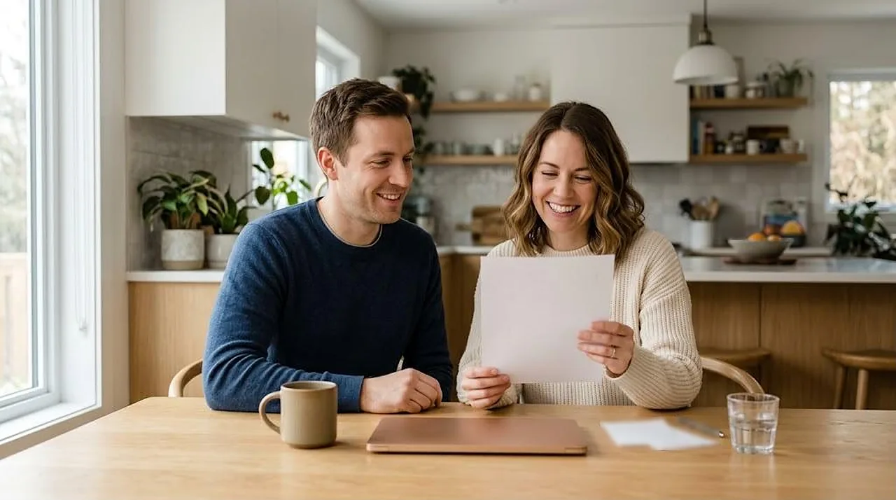 A smiling couple at a kitchen table reading a single sheet of paper together beside a coffee mug and a closed laptop
