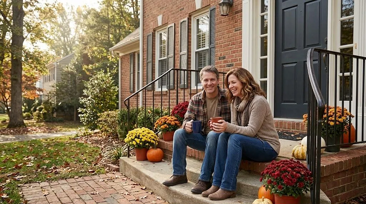 A smiling couple sitting on the front steps of their brick colonial home with coffee mugs on an autumn morning