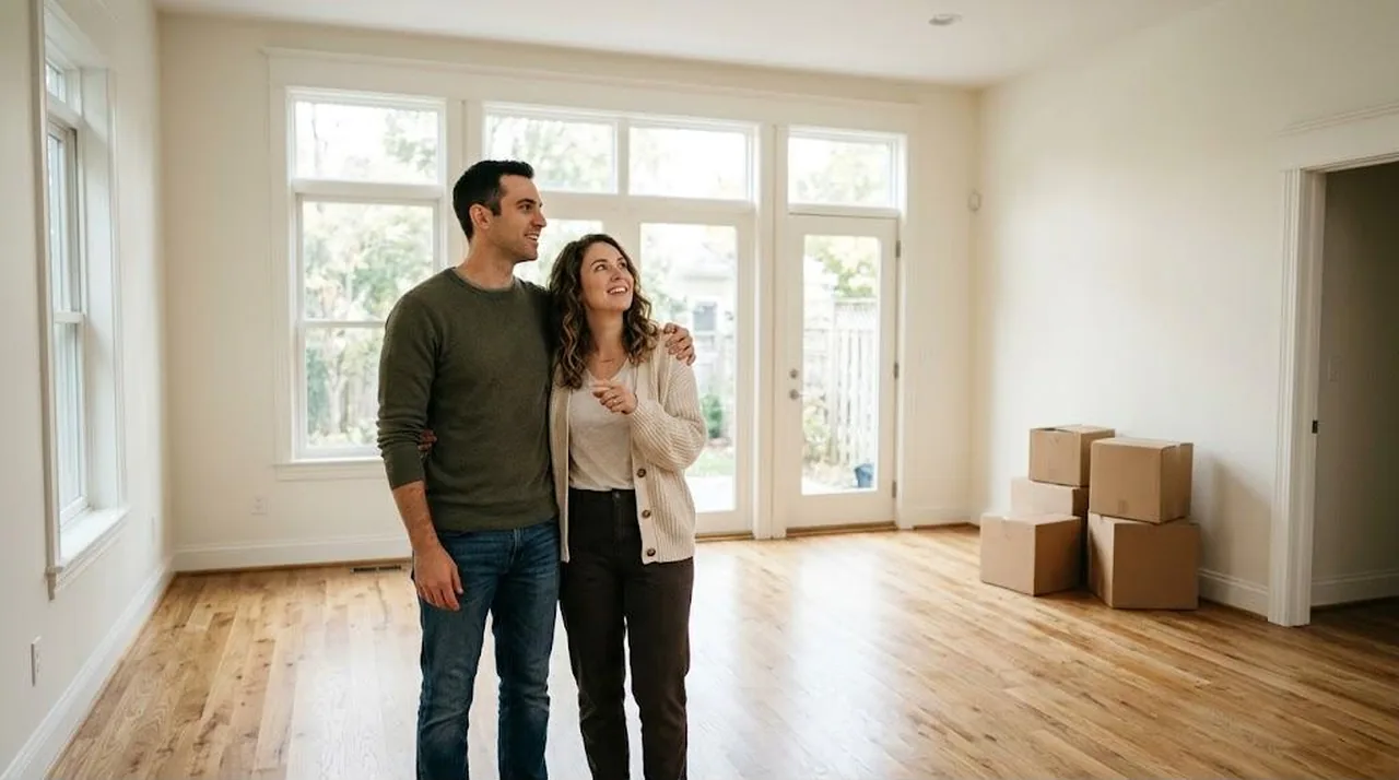 A smiling young couple standing in the bright, empty living room of a home, with tall windows, hardwood floors and moving boxes in the corner