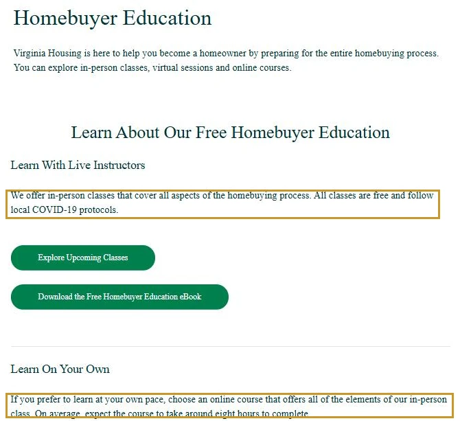 Screenshot of the Virginia Housing homebuyer education page stating that its in-person classes are free and that the online course takes around eight hours