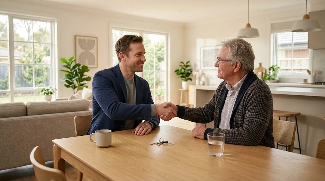 Home buyer and seller shaking hands across a table after agreeing on closing cost credits