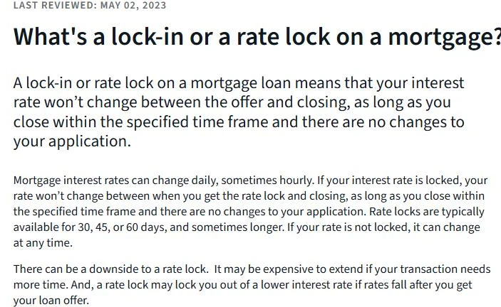 Consumer Financial Protection Bureau page explaining what a mortgage rate lock is and typical lock periods