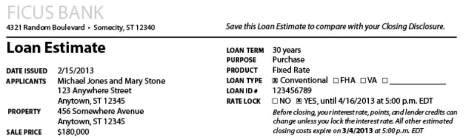 CFPB sample Loan Estimate page 1 header showing the Rate Lock line with the lock expiration date and time