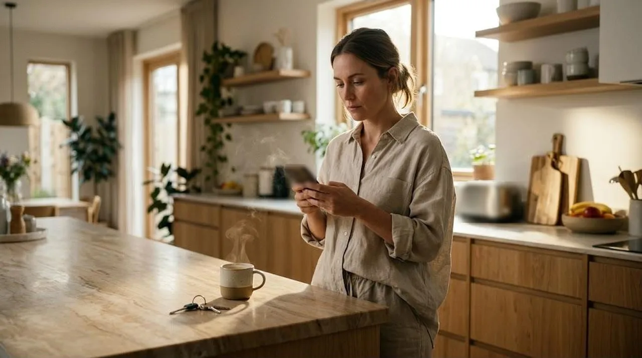 Home buyer checking mortgage rates on a phone at a kitchen counter before deciding whether to lock