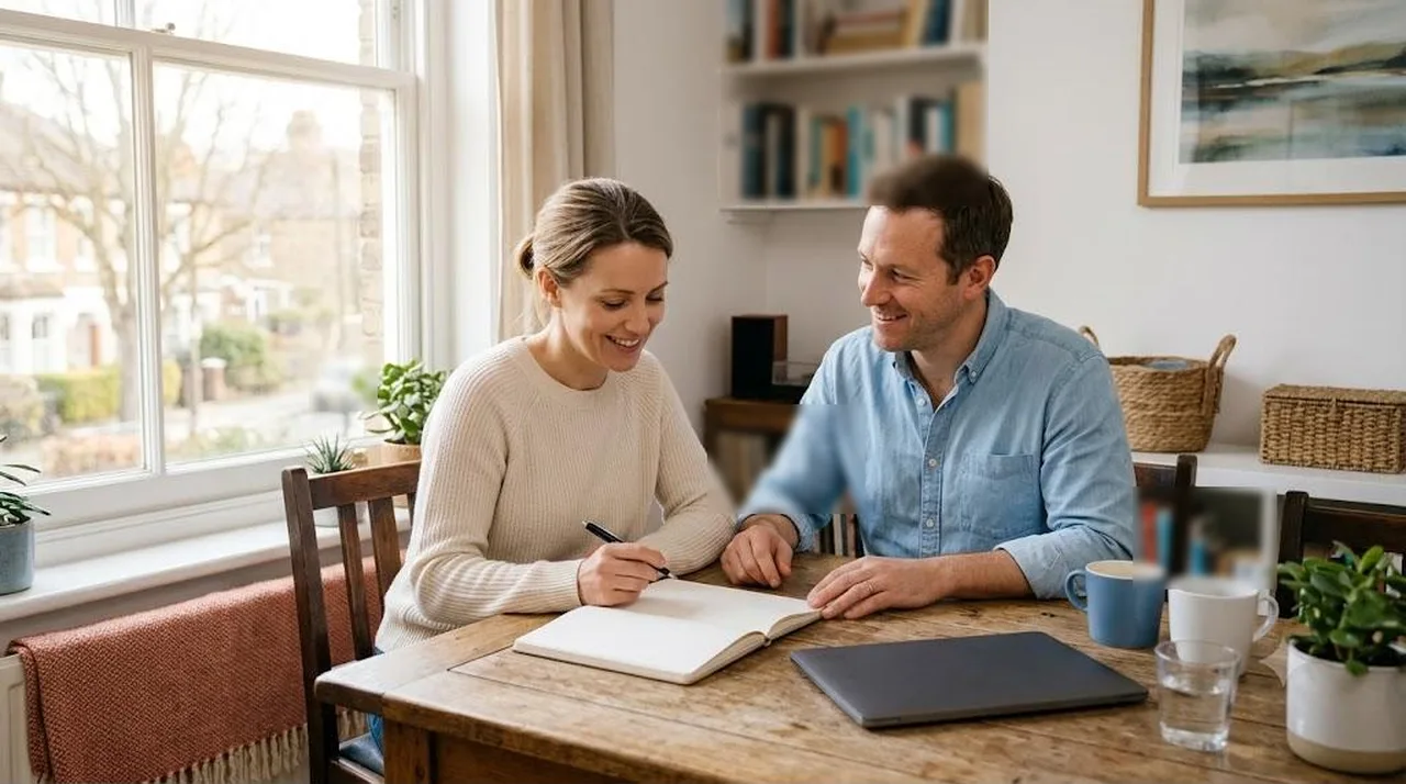 Couple reviewing their finances together at home while planning to buy a house after bankruptcy