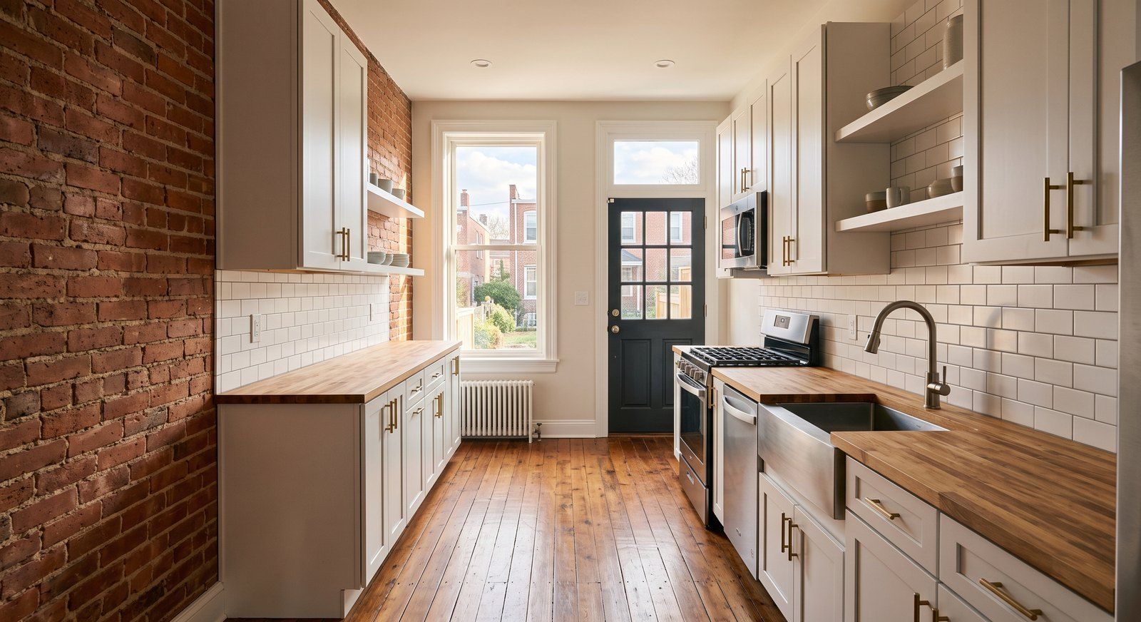 Newly renovated kitchen in an older Maryland rowhouse after a 203(k) rehabilitation