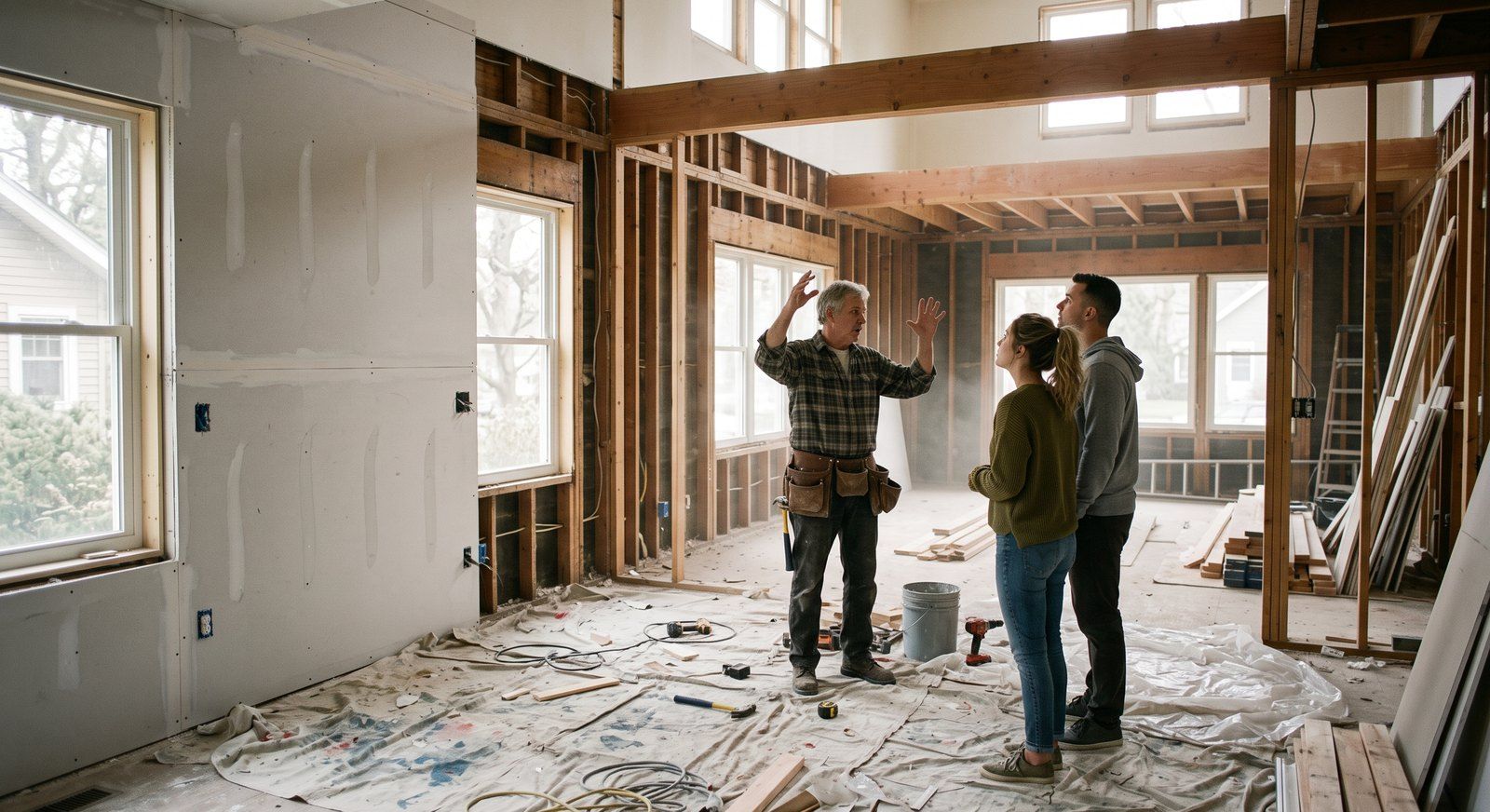 Contractor and homebuyer reviewing renovation work in progress inside an older Maryland home