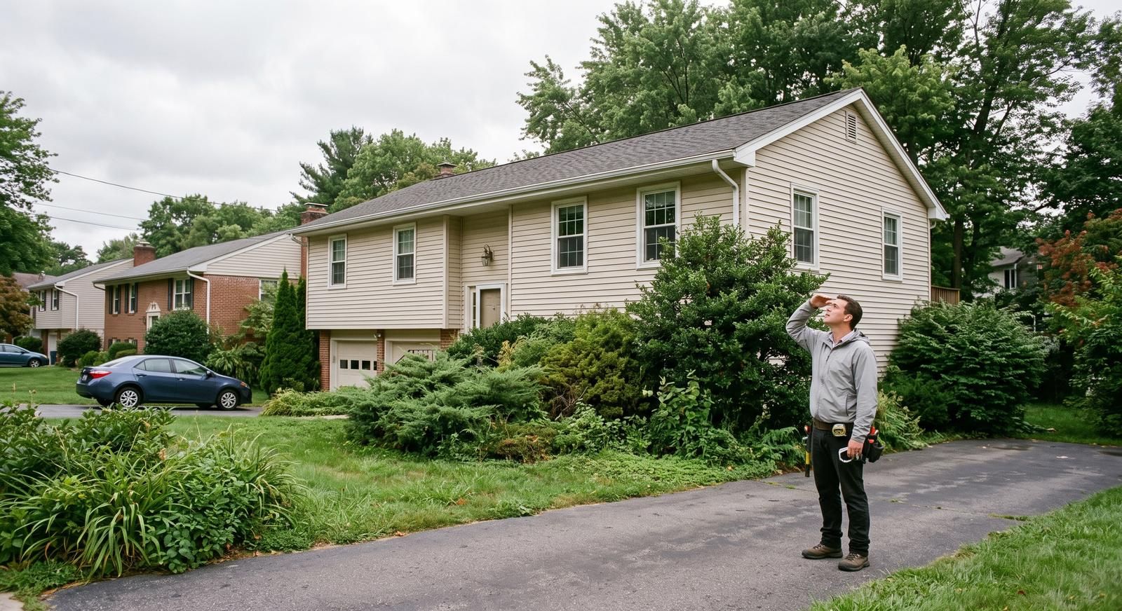 Appraiser inspecting the exterior condition of a suburban home for an FHA appraisal