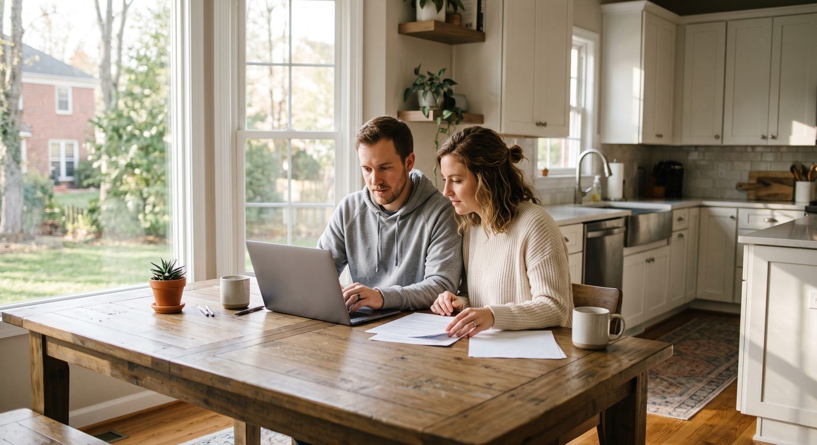 Couple working out how much house they can afford in Northern Virginia on a laptop at home