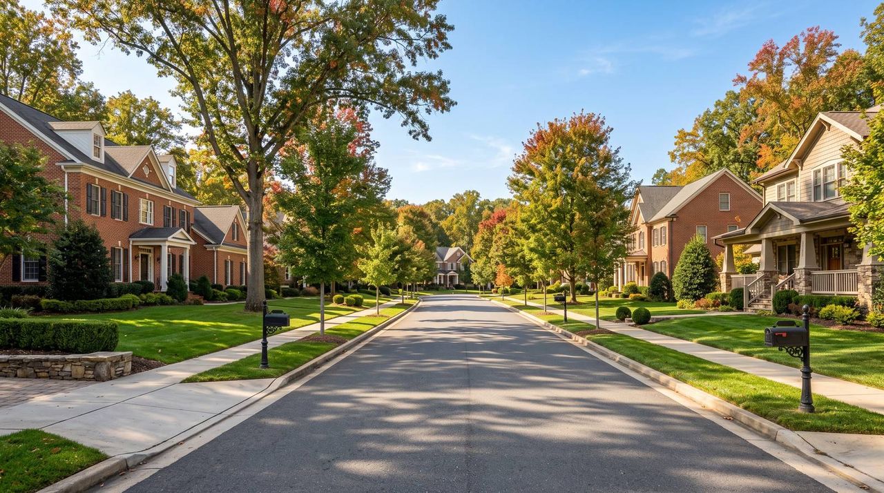 Brick colonial homes on a quiet Northern Virginia residential street in early autumn