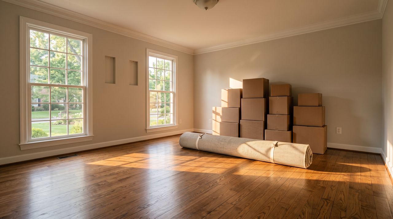 Moving boxes stacked in an empty living room with afternoon light through bare windows