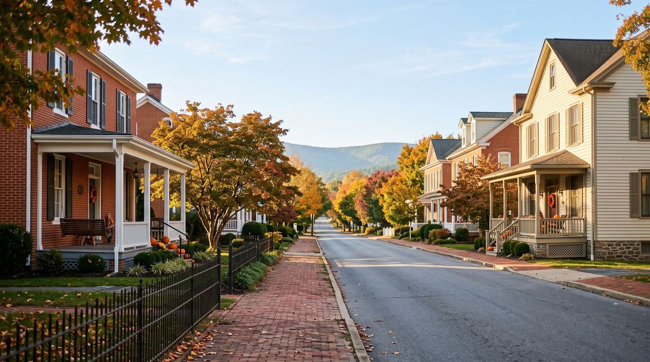Historic brick and clapboard homes on a tree lined street in Charles Town, Jefferson County, West Virginia in autumn