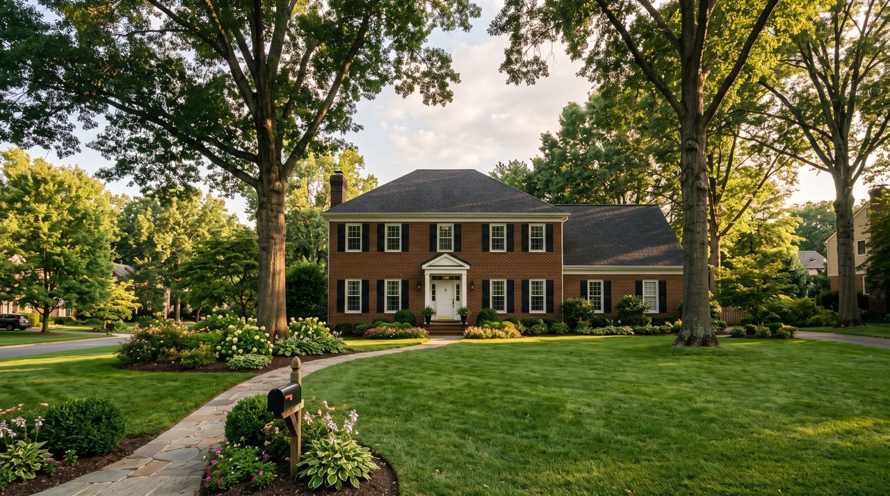 Brick colonial house with a deep front lawn and mature oaks on a quiet Northern Virginia street
