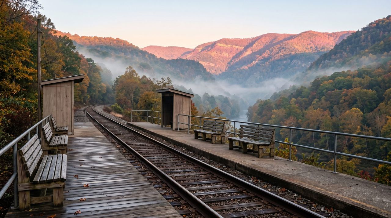 Rural commuter rail platform in the Appalachian foothills at dawn, near Harpers Ferry, West Virginia