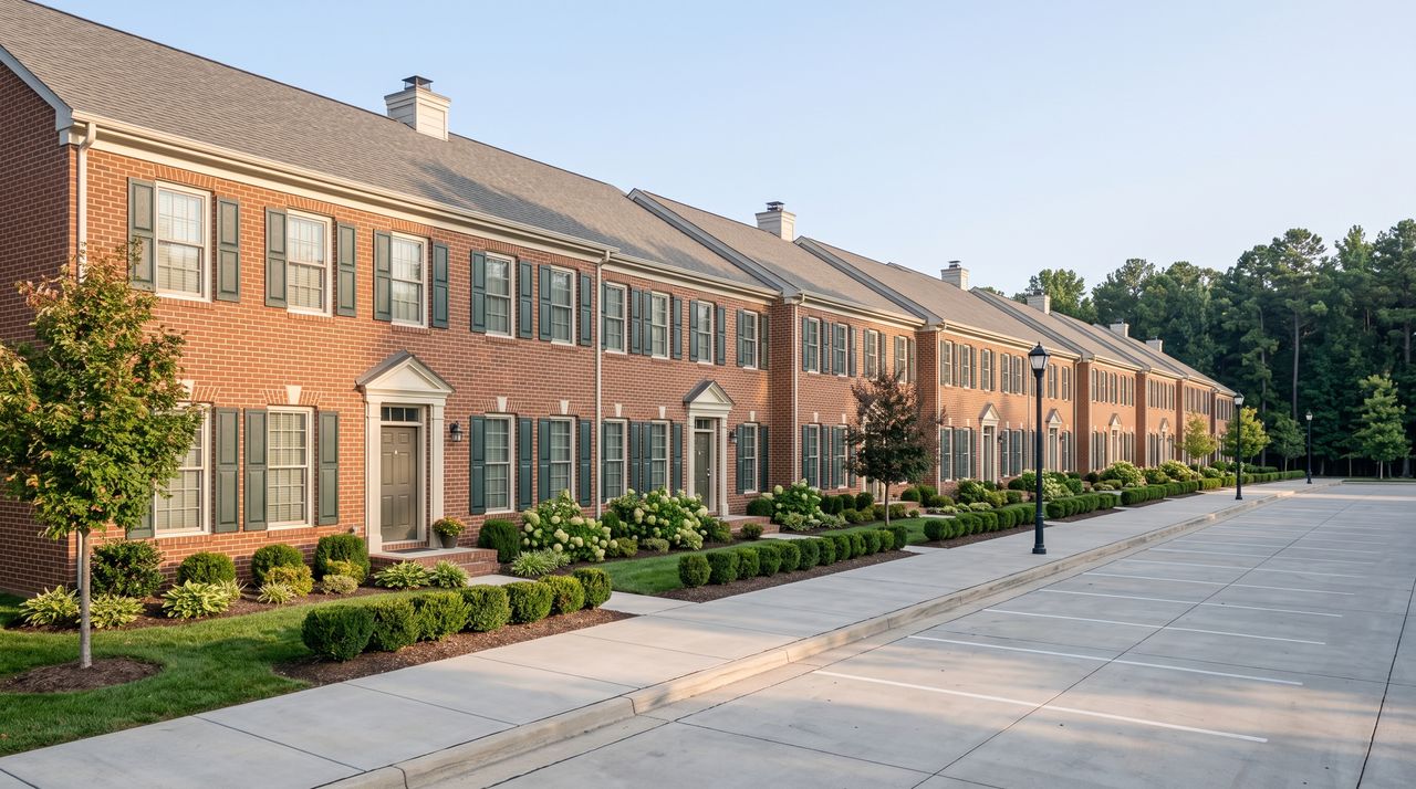 Colonial style townhouse row with brick fronts and small front gardens under early morning light