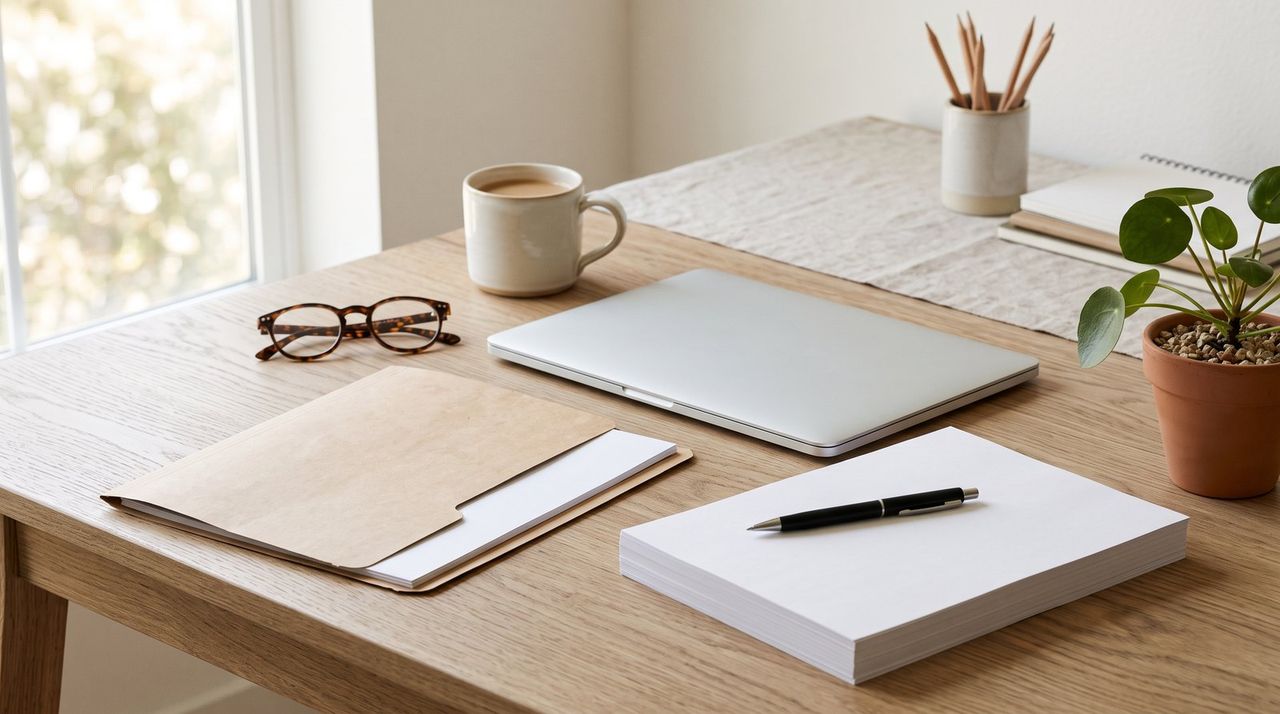Home office desk with a laptop, a folder and blank paper set out to gather mortgage pre-approval documents