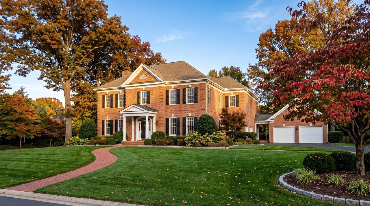 Large brick colonial house with mature trees and a deep lawn in an established Fairfax County neighborhood