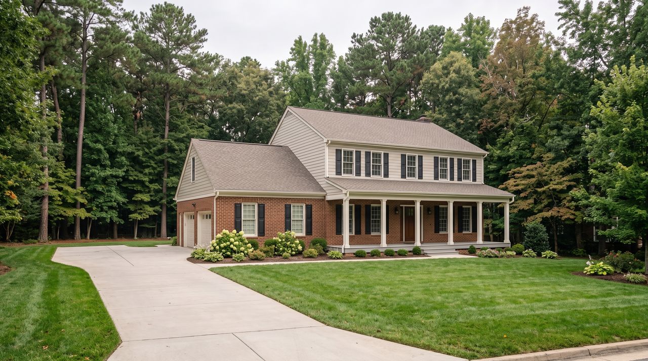 Two story brick and siding home with a covered porch and an empty driveway on a wooded suburban street