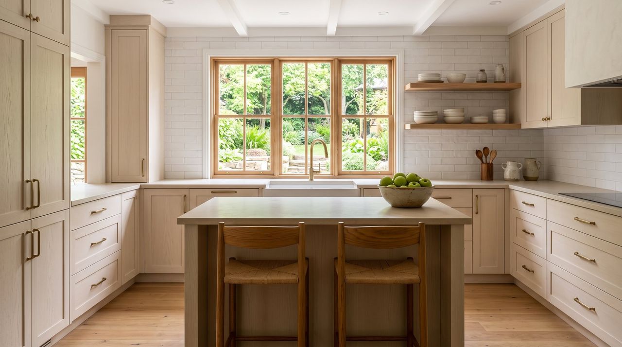 Newly renovated kitchen with pale shaker cabinets, a stone island and a garden window
