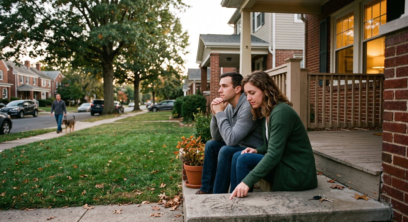 Couple sitting on the front steps of their brick colonial home on a tree lined DMV street at dusk
