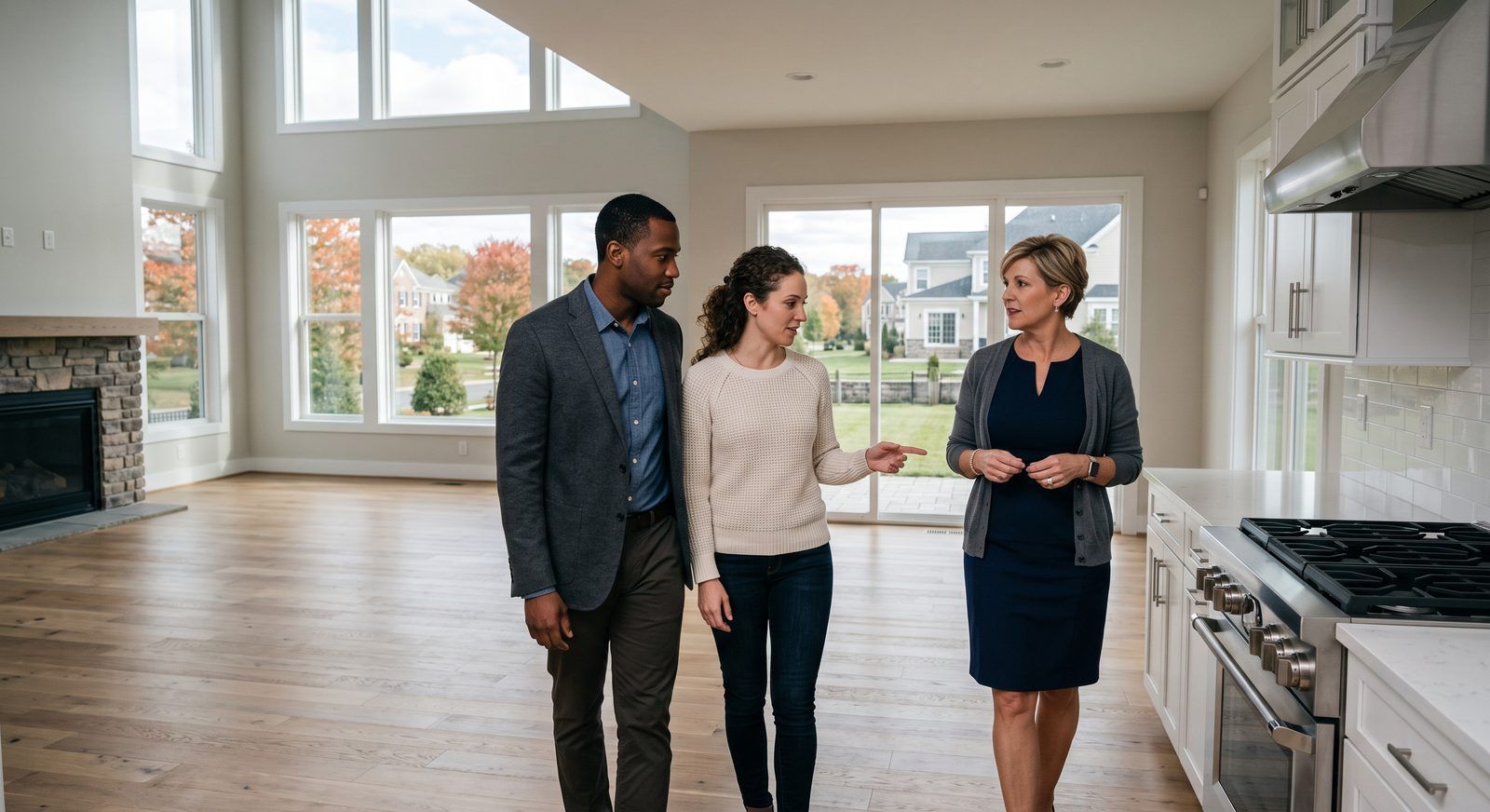 Homebuyers touring an open plan kitchen and living room with an agent in Northern Virginia