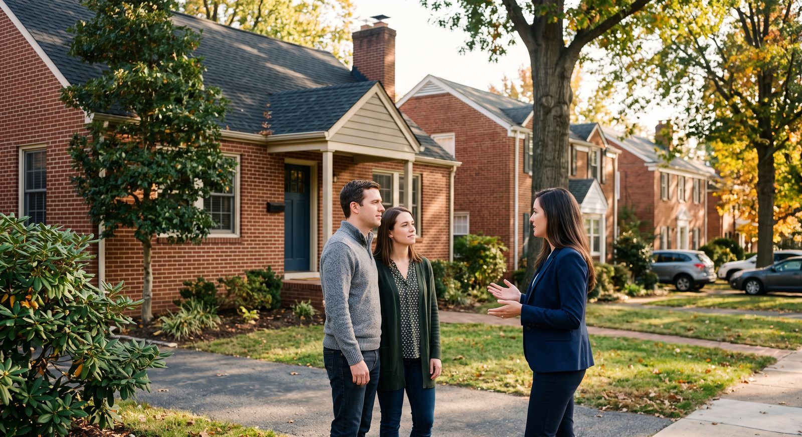 Couple meeting a mortgage lender outside a brick colonial home on a tree lined Northern Virginia street