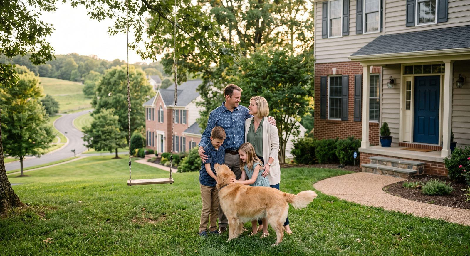 Family with a golden retriever outside their colonial home in a Loudoun County neighborhood at sunset
