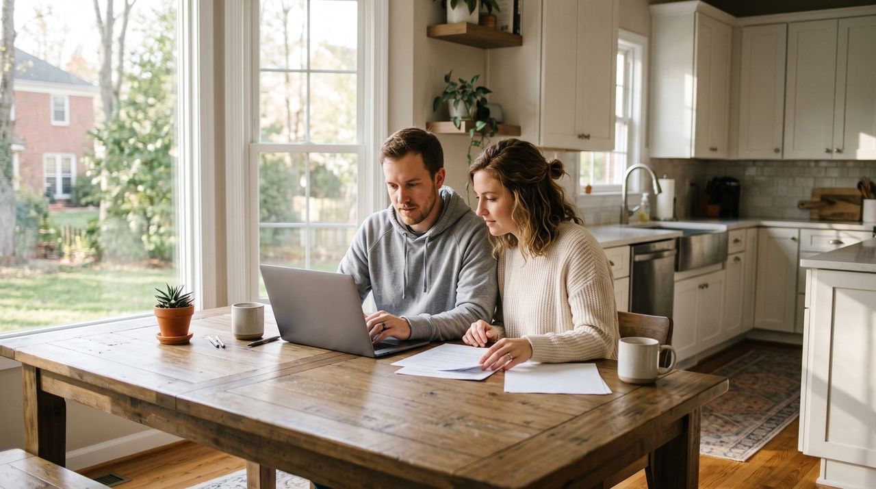 Two people at a kitchen table reviewing paperwork on a laptop with morning light through the window