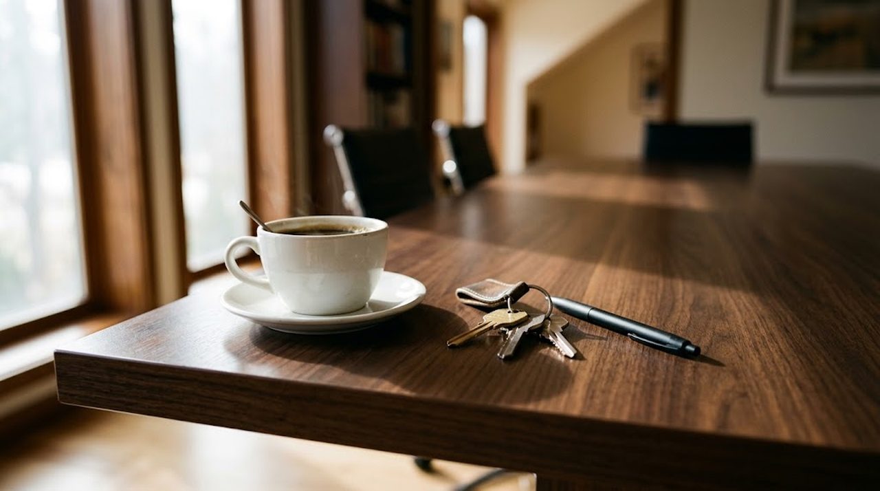 Settlement table with a pen, a folder of documents and a set of keys in natural light