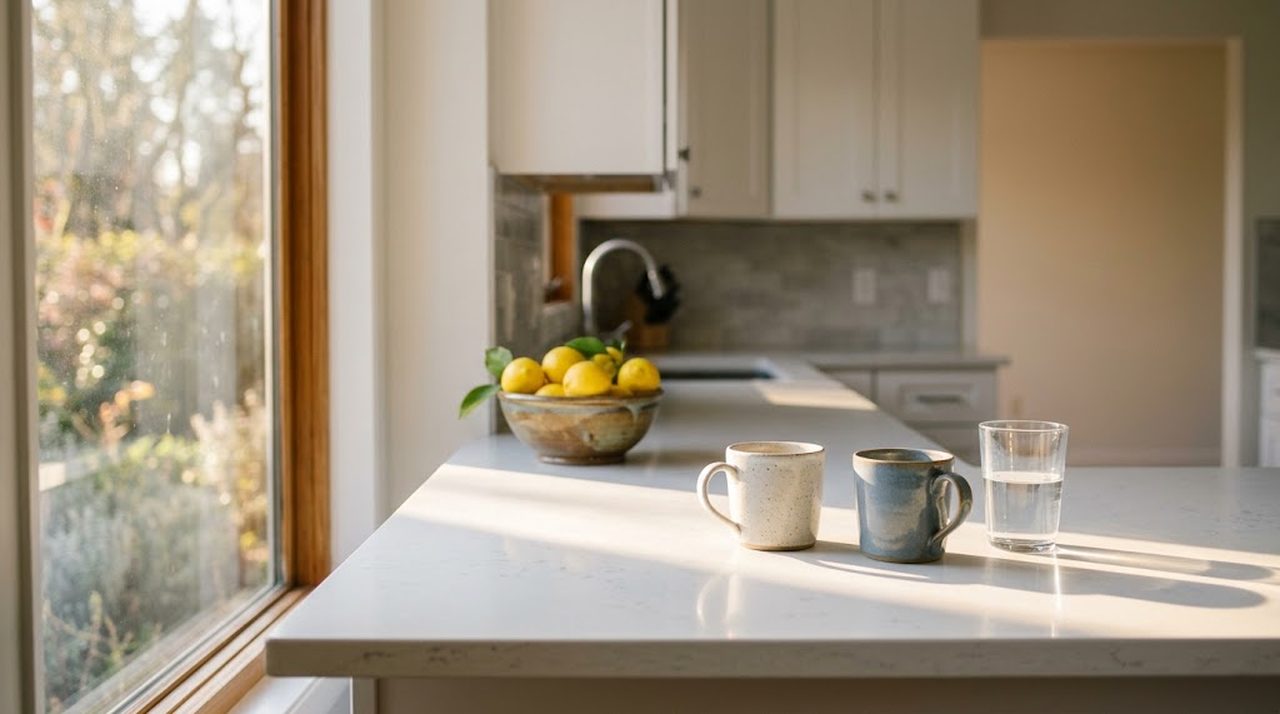 Two ceramic mugs on a kitchen counter beside a window in soft morning light