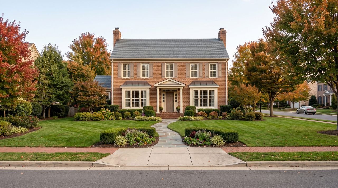 Brick colonial house with a front walk and mature trees turning color along a quiet street